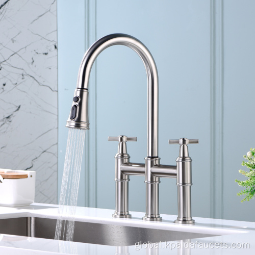 Brushed Brass Faucet Multifunctional Brushed Brass 3 holes 2 handles Pull Down Sensor Kitchen Tap Supplier
